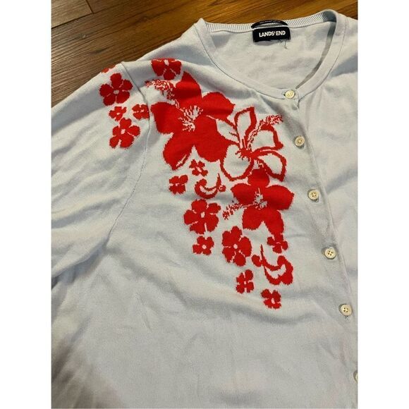 Lands' End Women's Long Sleeve Cardigan Light Sky Blue Hibiscus 3X - Picture 3 of 7